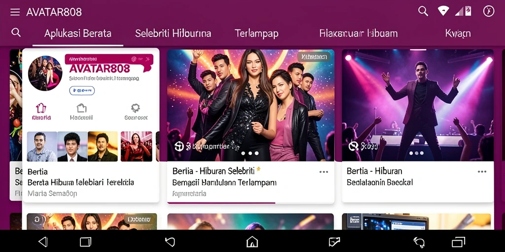 Tampilan antarmuka aplikasi AVATAR808 menampilkan berita terkini tentang selebriti.