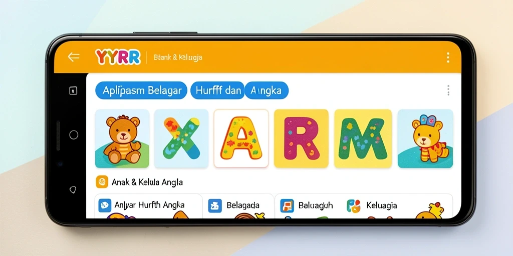 Antarmuka aplikasi YYRR yang menarik dan interaktif untuk belajar huruf dan angka.